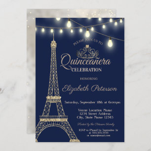 Invitation Parties scintillant d'or Tour Eiffel, Tiara Quince