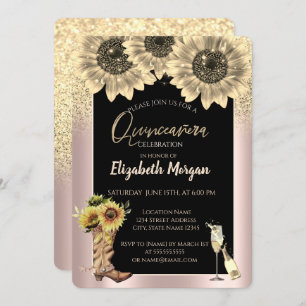 Invitation Parties scintillant d'or tournesols, Rose or Quinc