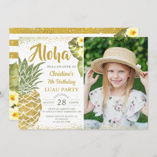 Invitation Parties scintillant d'or tropical Anniversaire pho (Devant / Derrière)