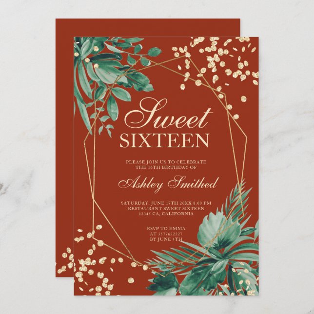 Invitation Parties scintillant d'or tropical aquarelle brun S (Devant / Derrière)