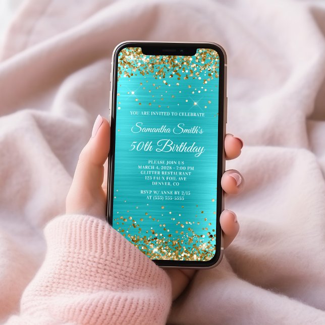 Invitation Parties scintillant d'or Turquoise Blue Foil 50e a (Gold Glitter Turquoise Blue Foil 50th Birthday Invitation)