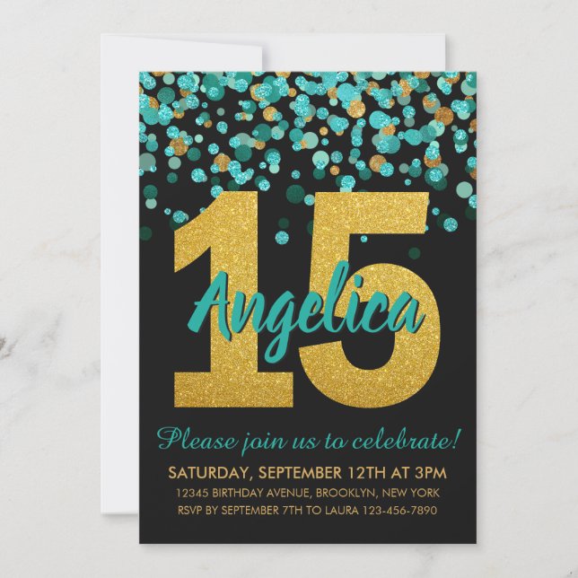 Invitation Parties scintillant d'or turquoise Confetti Quince (Devant)