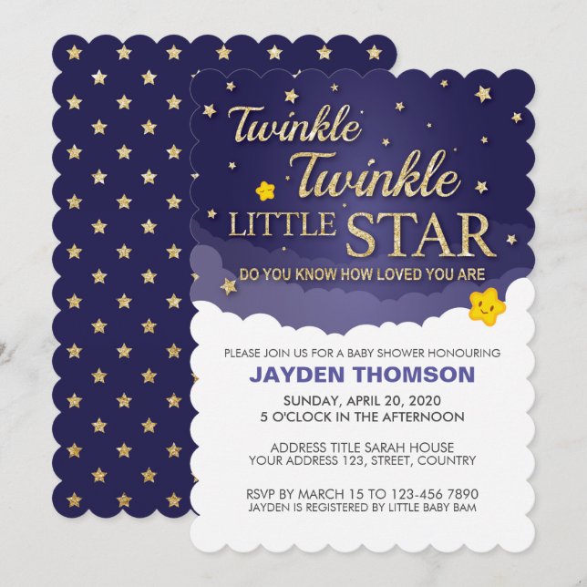 Invitation Parties scintillant d'or Twinkle Baby shower Littl (Devant / Derrière)