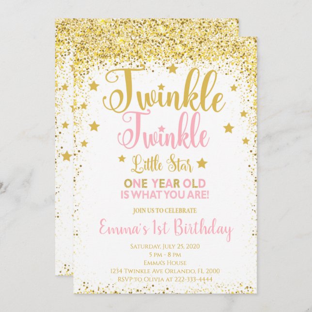 Invitation Parties scintillant d'or Twinkle Little Star Anniv (Devant / Derrière)