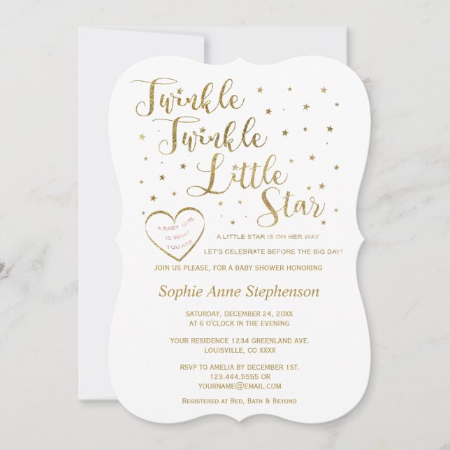 Invitation Parties scintillant d'or Twinkle Twinkle Baby show (Devant)