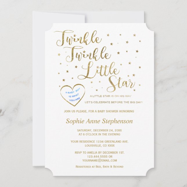 Invitation Parties scintillant d'or Twinkle Twinkle Baby show (Devant)
