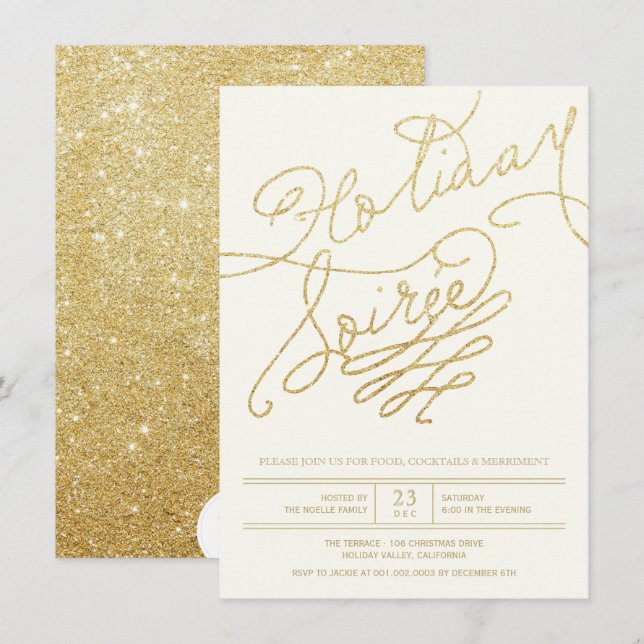 Invitation Parties scintillant d'or Typographie Chic Invitati (Devant / Derrière)