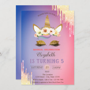 Invitation Parties scintillant d'or Unicorn Fleurs, Ombre Dri
