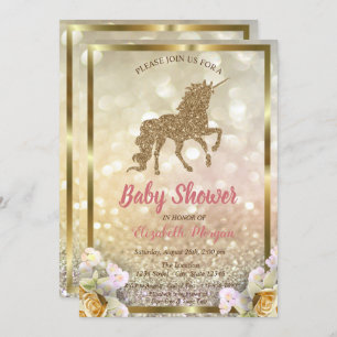 Invitation Parties scintillant d'or Unicorn Floral Bokeh Baby