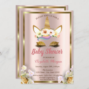 Invitation Parties scintillant d'or Unicorn Floral Crown Baby