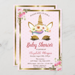Invitation Parties scintillant d'or Unicorn Floral Pois Baby 