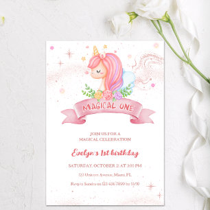 Invitation Parties scintillant d'or Unicorn Magique Un 1er An
