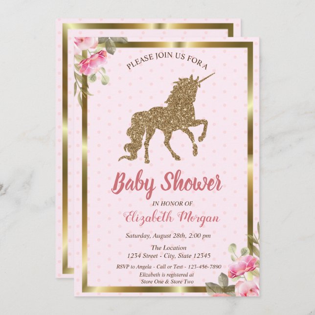 Invitation Parties scintillant d'or Unicorn Pois, Baby shower (Devant / Derrière)