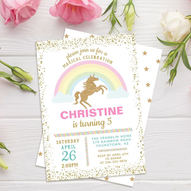 Invitation Parties scintillant d'or Unicorn Rainbow Invitatio (Créateur téléchargé)