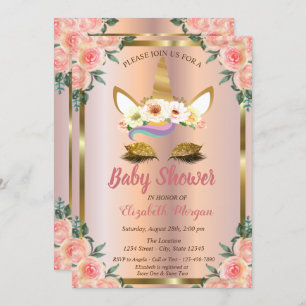 Invitation Parties scintillant d'or Unicorn Rose Baby shower