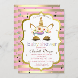 Invitation Parties scintillant d'or Unicorne florale, Baby sh
