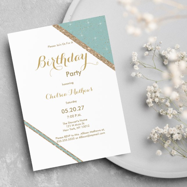 Invitation Parties scintillant d'or vert menthe blanc géométr (White mint green gold glitter geometric Birthday )