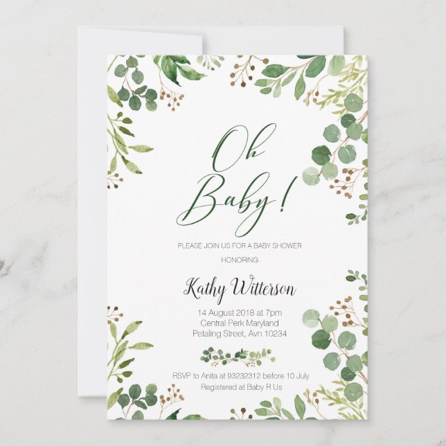 Invitation Parties scintillant d'or vertes Baby shower botani (Devant)