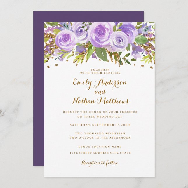 Invitation Parties scintillant d'or violet aquarelle Mariage  (Devant / Derrière)