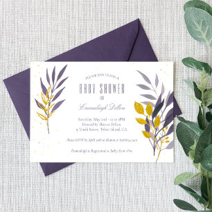 Invitation Parties scintillant d'or violet Baby shower botani