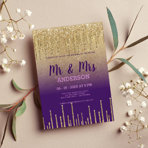 Invitation Parties scintillant d'or violet gouttes script MR