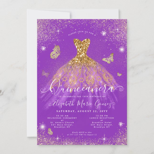 Invitation Parties scintillant d'or violet papillon Gown Quin (Devant)