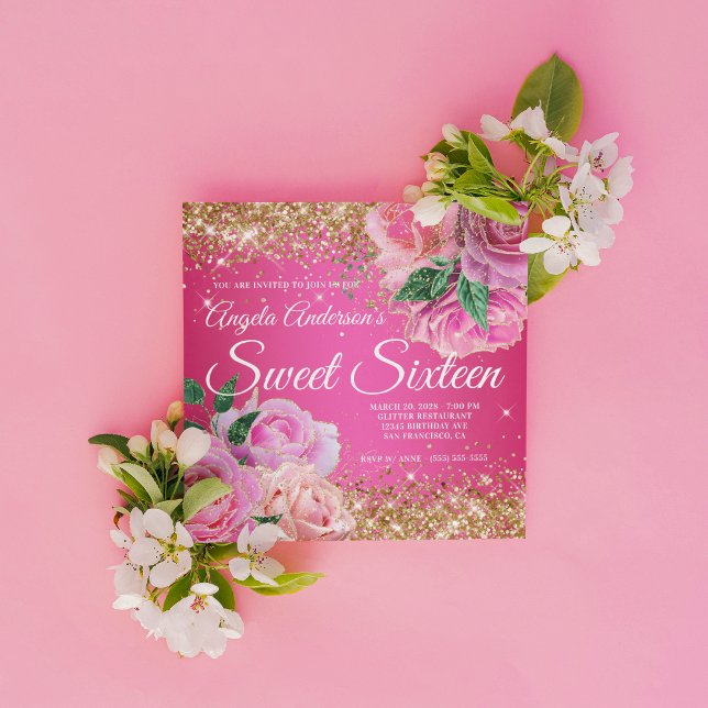 Invitation Parties scintillant dorée brillante rose rose rose (Create your own Sweet 16 birthday invitation for her.)