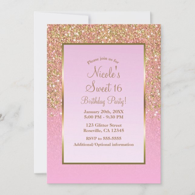 Invitation Parties scintillant dorée et rose Glam Shine Sweet (Devant)