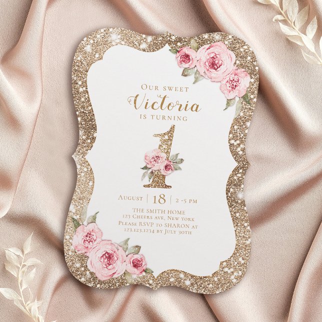 Invitation Parties scintillant dorée étincelante et fleurs ro (Sparkle gold glitter and pink floral 1st birthday invitation)
