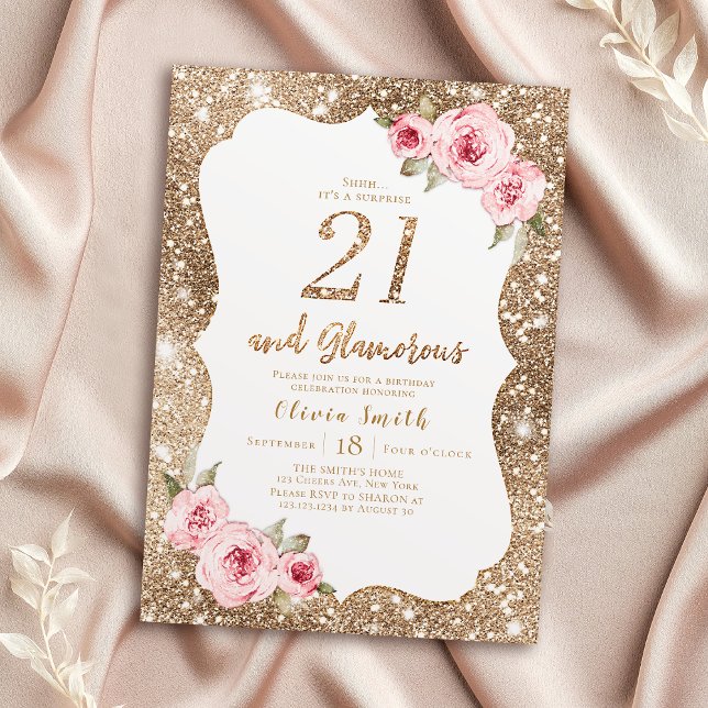 Invitation Parties scintillant dorée étincelante et floral ro (Sparkle gold glitter and pink floral 21st birthday invitation)