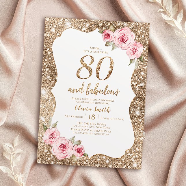 Invitation Parties scintillant dorée étincelante et floral ro (Sparkle gold glitter and pink floral 80th birthday invitation)