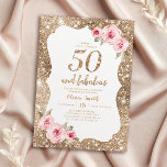Invitation Parties scintillant dorée étincelante et floral ro<br><div class="desc">Faux or brillant parties scintillant arrière - plan et rose vif floral avec "50 et fabuleux" script au centre,  élégante et élégante,  de grandes invitations de fête de 50e anniversaire.</div>