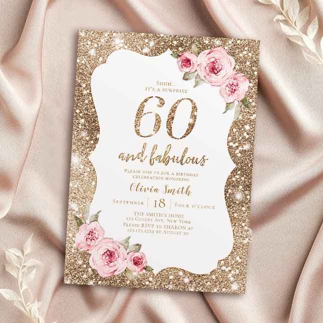 Invitation Parties scintillant dorée étincelante et floral ro (Sparkle gold glitter and pink floral 60th birthday invitation)