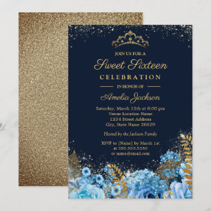 Invitation Parties scintillant dorée  florale Sweet sixteen