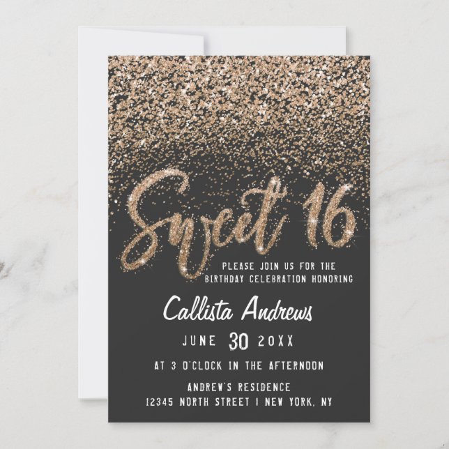 Invitation Parties scintillant dorée noire moderne Ombre Swee (Devant)