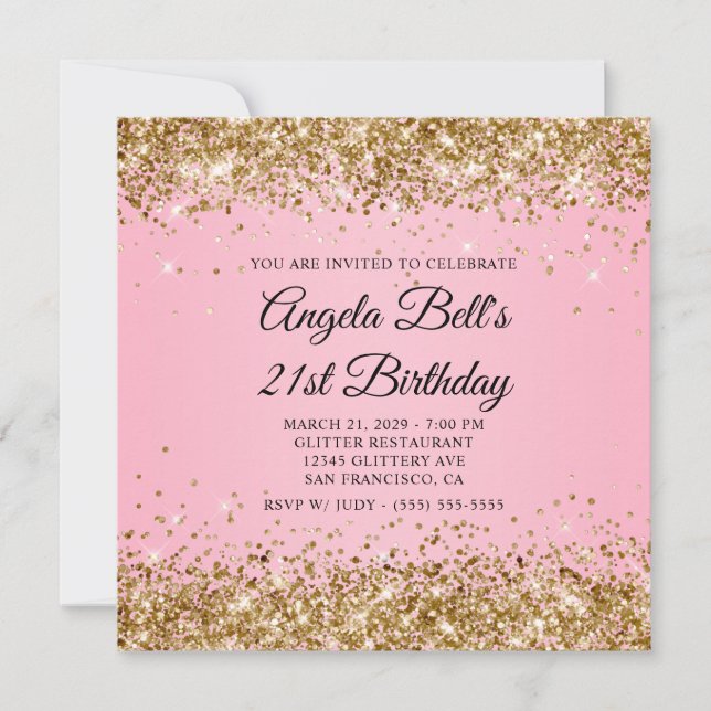Invitation Parties scintillant dorée rose 21e anniversaire (Devant)