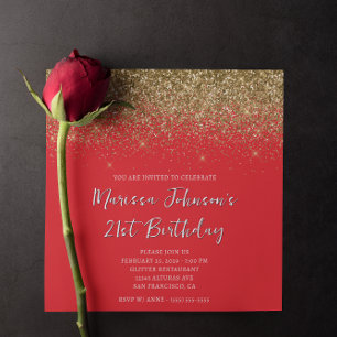 Invitation Parties scintillant dorée rouge 21e anniversaire