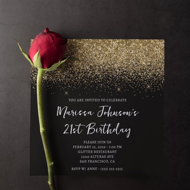 Invitation Parties scintillant dorée Sparkly Noir 21e anniver (Sparkly Gold Glitter Black 21st Birthday Invitation)
