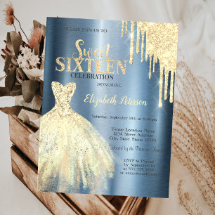 Invitation Parties scintillant Drips Gold Robe Metallic Blue 