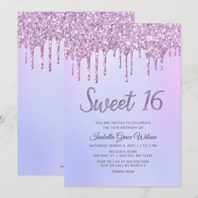Invitation Parties scintillant Drips Holographe Purple Sweet  (Devant / Derrière)