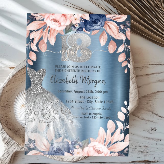 Invitation Parties scintillant Drips Robe Fleurs Bleu Métalli (Créateur téléchargé)