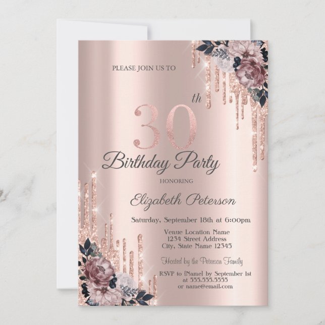 Invitation Parties scintillant Drips Rose Gold Flowers 30e an (Devant)