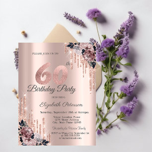 Invitation Parties scintillant Drips Rose Gold Flowers 60e an