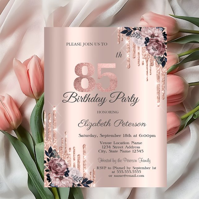 Invitation Parties scintillant Drips Rose Gold Flowers 85e an (Créateur téléchargé)