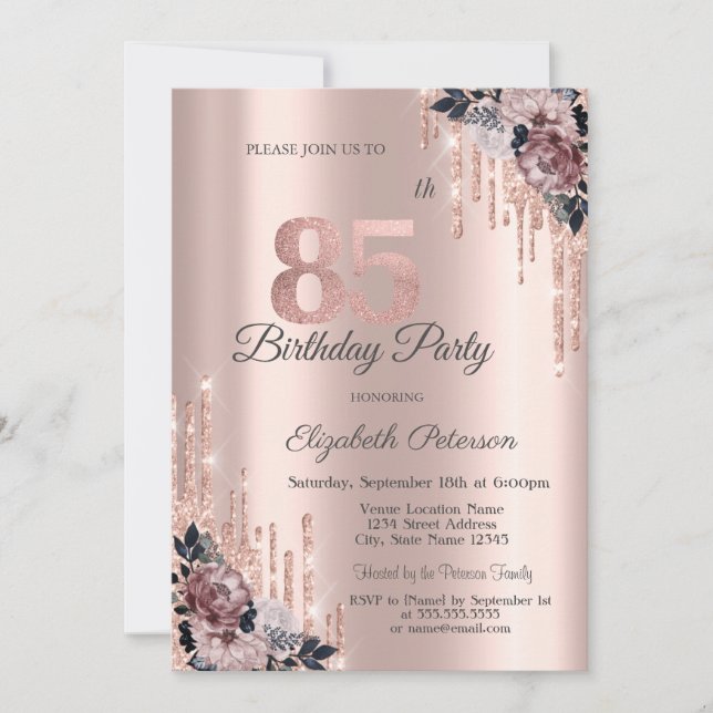 Invitation Parties scintillant Drips Rose Gold Flowers 85e an (Devant)