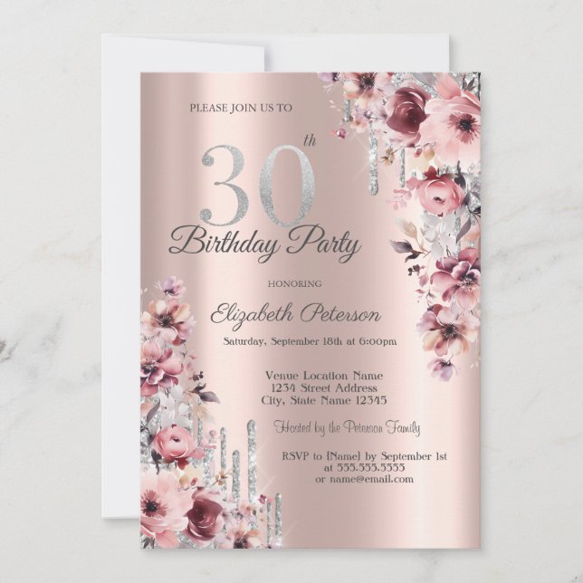 Invitation Parties scintillant Drips Rose or rose floral 30e  (Devant)