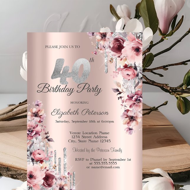 Invitation Parties scintillant Drips Rose or rose floral 40e  (Créateur téléchargé)