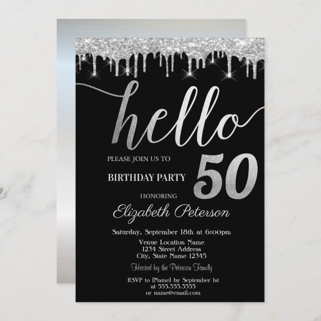 Invitation Parties scintillant Drips Silver 50th Birthday Par (Devant / Derrière)