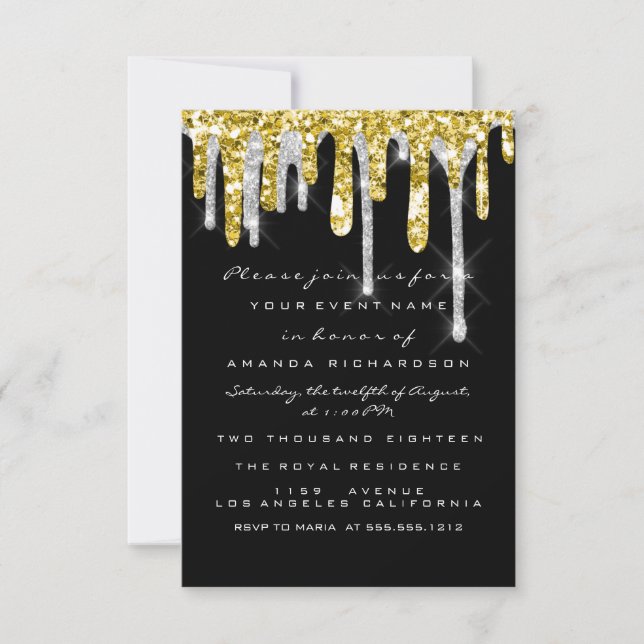 Invitation Parties scintillant Drips Silver Gold Black Bridal (Devant)
