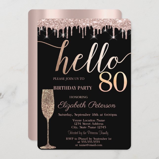 Invitation Parties scintillant Drips, Verre à vin 80e fête d' (Devant / Derrière)